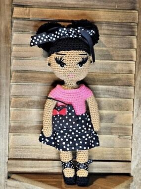 Handmade Crochet Doll Of Color With Black Polka dots & Pink Top. Purse Included!